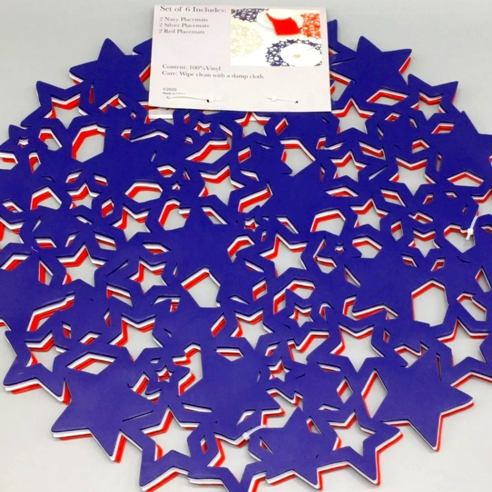 6pc 4th of July Cut Out Stars Vinyl Placemat Set Patriotic Indoor Outdoor Decor - Picture 12 of 13